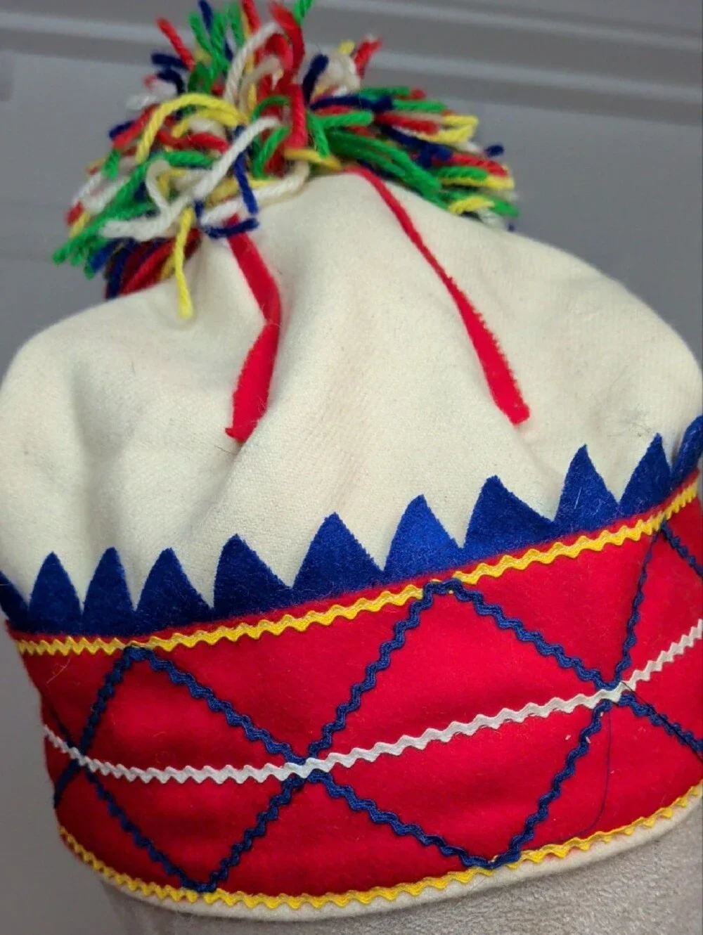 Vintage 60s Handmade Scandnavian Ski Cap Pom-pom Nordic Winter Wool  Sami Style